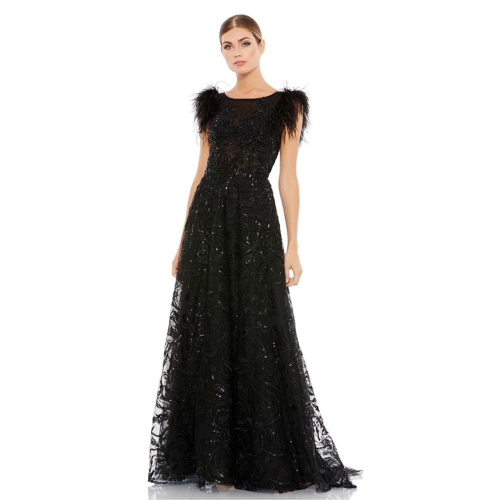 MAC DUGGAL EMBELLISHED FEATHER CAP SLEEVE BETEAU A LINE GOWN
